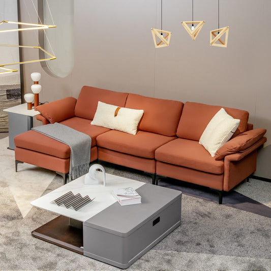Modular L-Shaped Sectional Sofa with Reversible Chaise and Built-in Charging Port – Rust Red