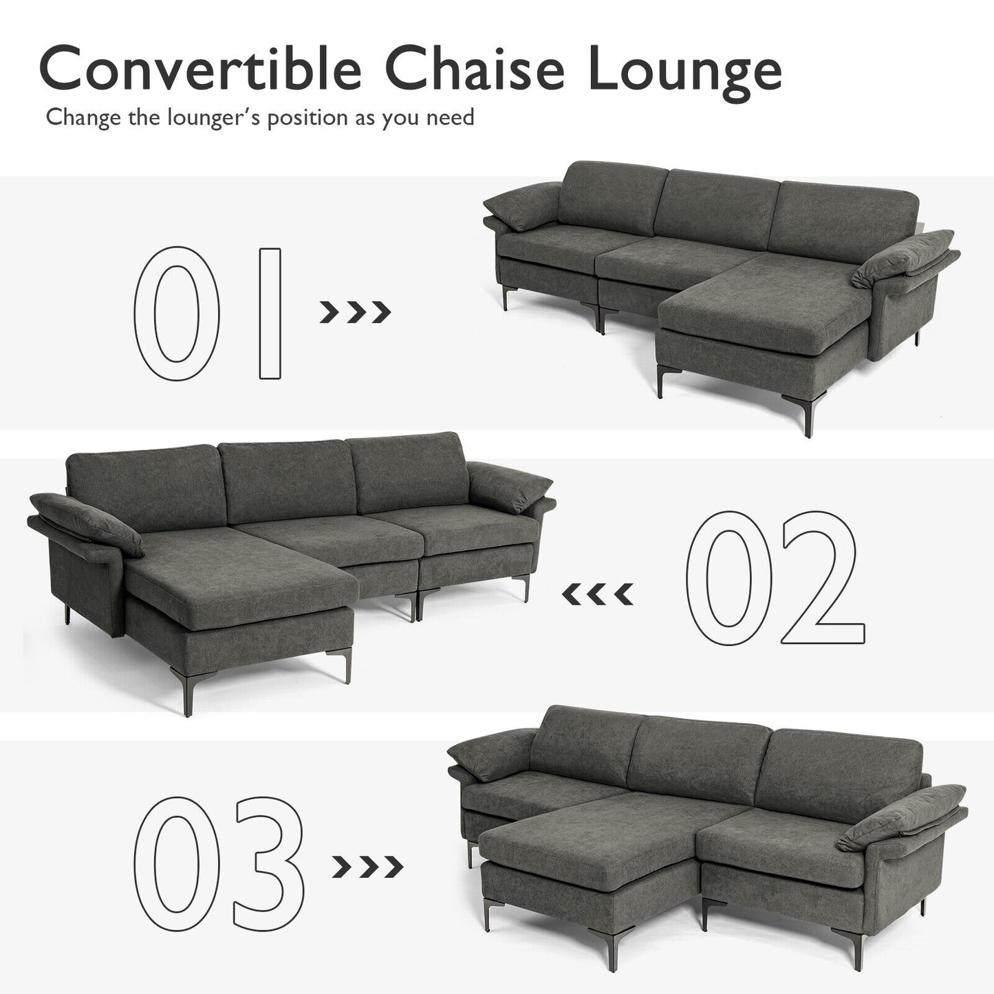 Modular L-Shaped Sectional Sofa with Reversible Chaise and Built-in Charging Port – Grey
