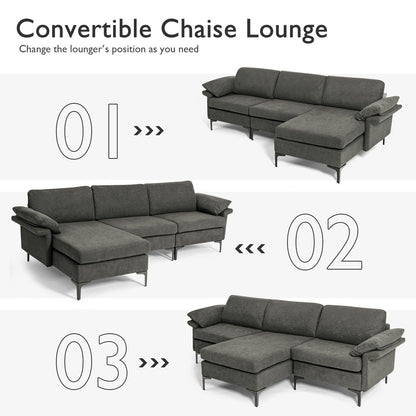 Modular L-Shaped Sectional Sofa with Reversible Chaise and Built-in Charging Port – Grey