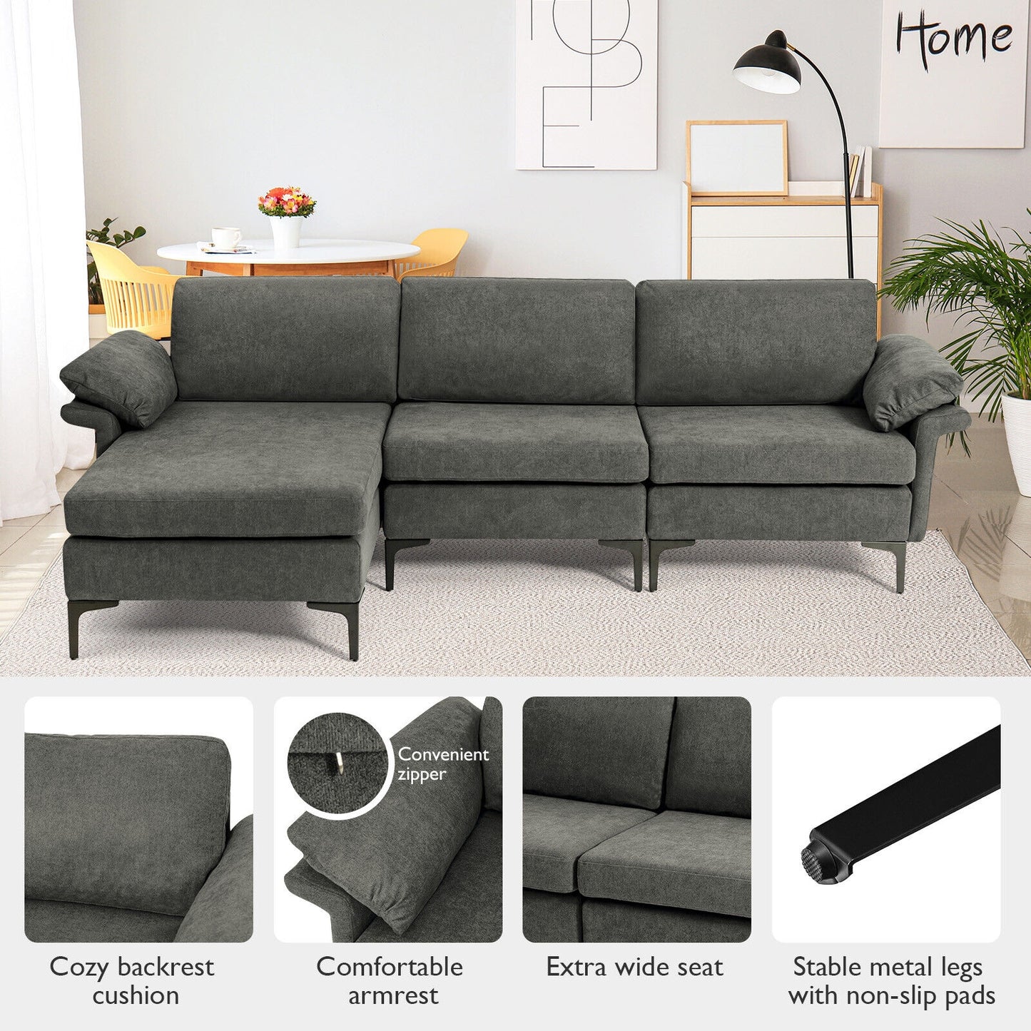 Modular L-Shaped Sectional Sofa with Reversible Chaise and Built-in Charging Port – Grey