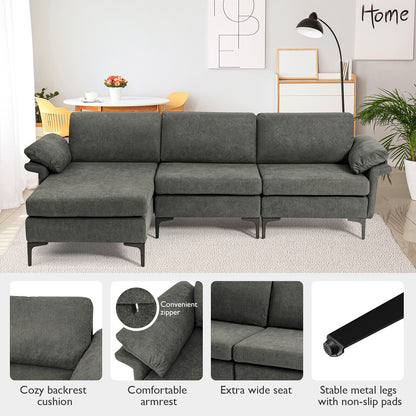 Modular L-Shaped Sectional Sofa with Reversible Chaise and Built-in Charging Port – Grey