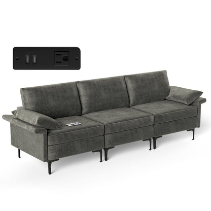 Modern 3-Seat Sofa with Metal Legs, Built-in USB Charging Ports, and Deep Cushions in Grey