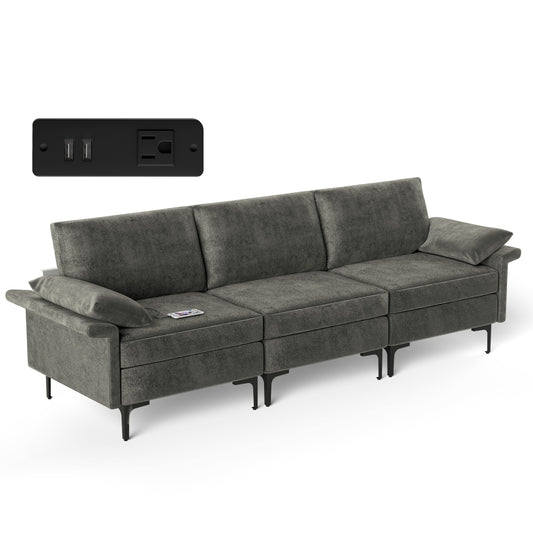 Modern 3-Seat Sofa with Metal Legs, Built-in USB Charging Ports, and Deep Cushions in Grey