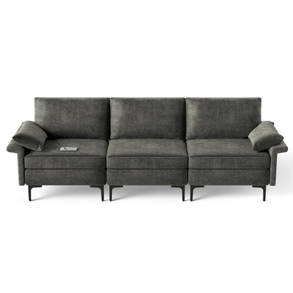 Modern 3-Seat Sofa with Metal Legs, Built-in USB Charging Ports, and Deep Cushions in Grey