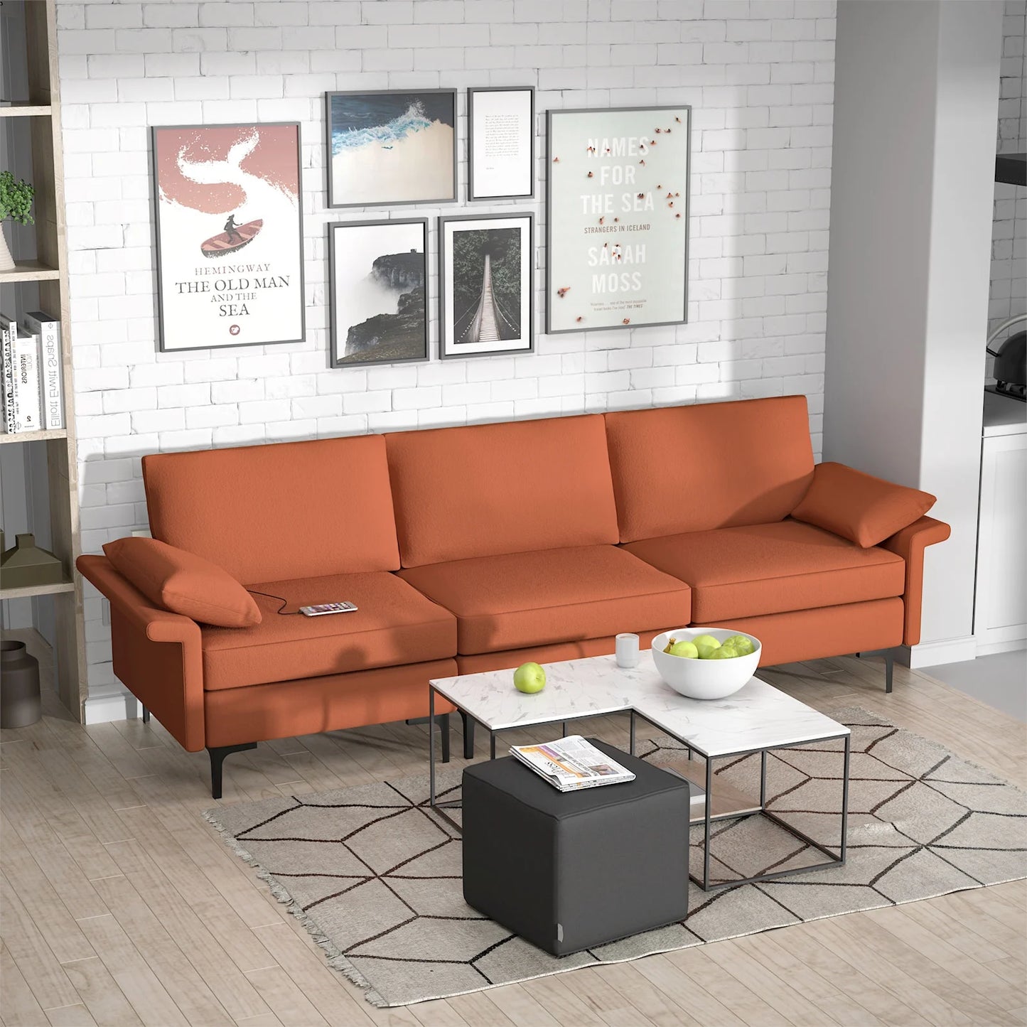 Modern 3-Seat Sofa with Metal Legs, Built-in USB Charging Ports, and Deep Cushions in Rust Red