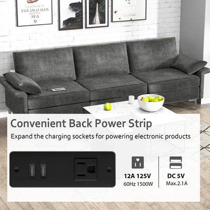 Modern 3-Seat Sofa with Metal Legs, Built-in USB Charging Ports, and Deep Cushions in Grey