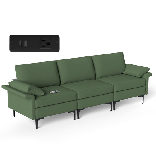 Modern 3-Seat Sofa with Metal Legs, Built-in USB Charging Ports, and Deep Cushions in Army Green