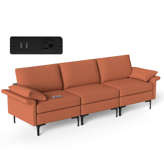 Modern 3-Seat Sofa with Metal Legs, Built-in USB Charging Ports, and Deep Cushions in Rust Red