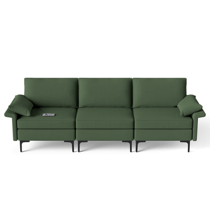 Modern 3-Seat Sofa with Metal Legs, Built-in USB Charging Ports, and Deep Cushions in Army Green