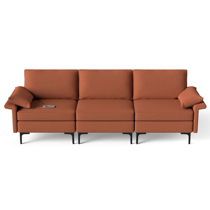 Modern 3-Seat Sofa with Metal Legs, Built-in USB Charging Ports, and Deep Cushions in Rust Red