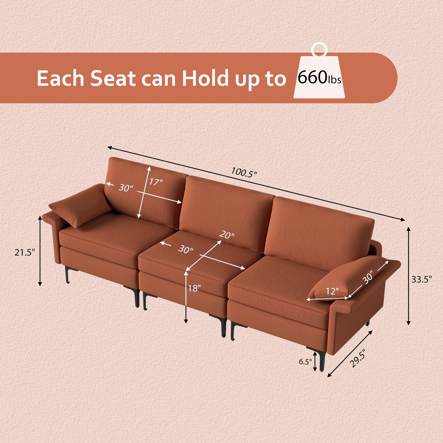 Modern 3-Seat Sofa with Metal Legs, Built-in USB Charging Ports, and Deep Cushions in Rust Red