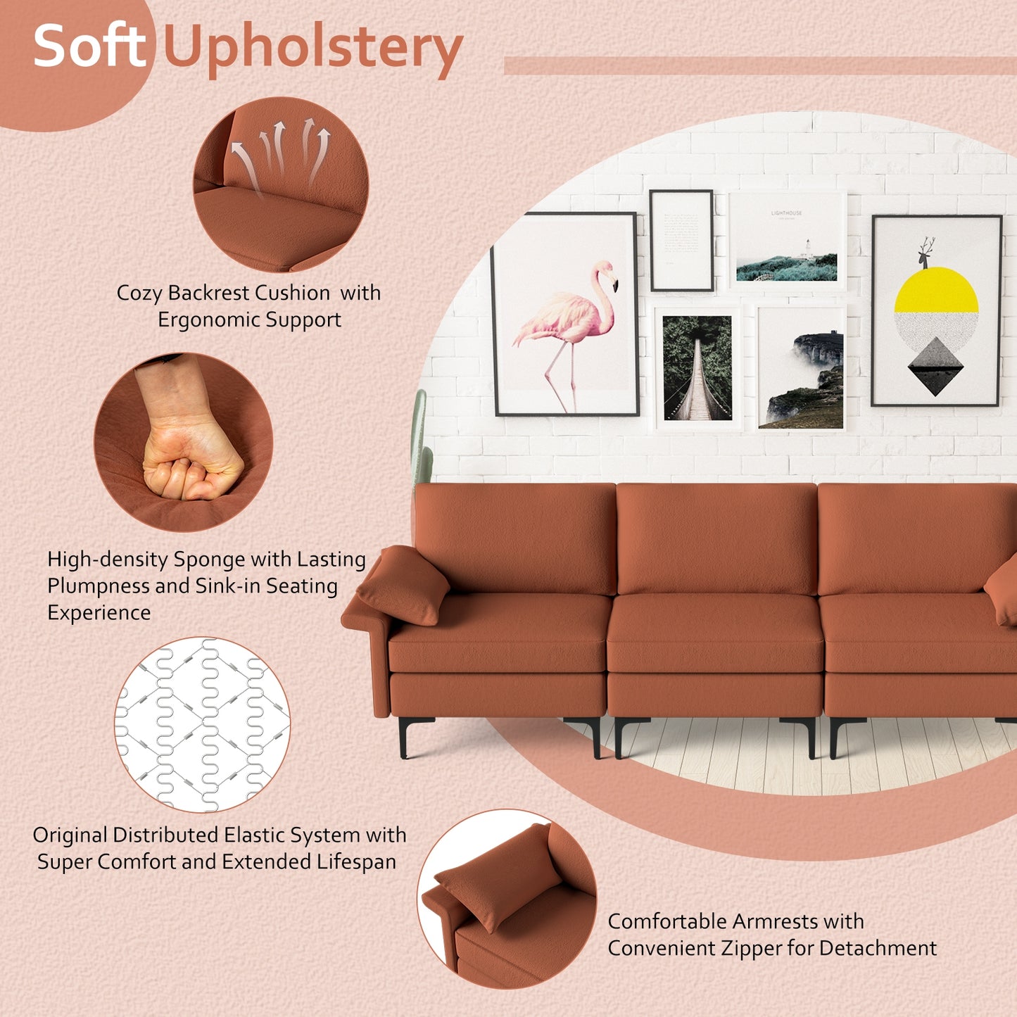 Modern 3-Seat Sofa with Metal Legs, Built-in USB Charging Ports, and Deep Cushions in Rust Red