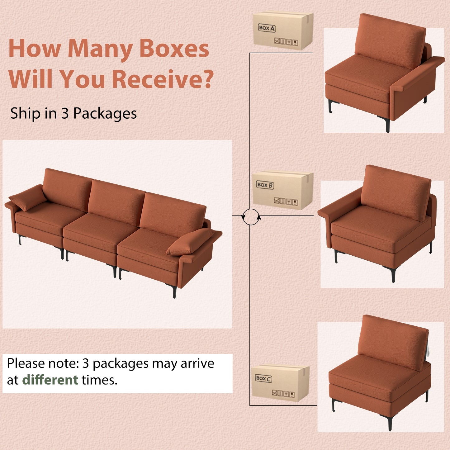 Modern 3-Seat Sofa with Metal Legs, Built-in USB Charging Ports, and Deep Cushions in Rust Red