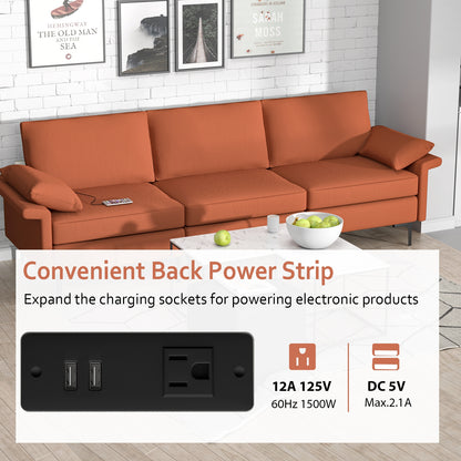 Modern 3-Seat Sofa with Metal Legs, Built-in USB Charging Ports, and Deep Cushions in Rust Red