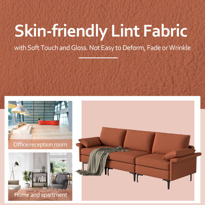Modern 3-Seat Sofa with Metal Legs, Built-in USB Charging Ports, and Deep Cushions in Rust Red