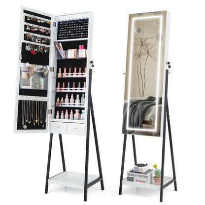 LED Jewelry Armoire with 3-Color Lighted Full-Length Mirror, Lockable Storage, and Standing Design – White