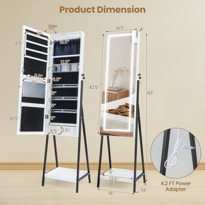 LED Jewelry Armoire with 3-Color Lighted Full-Length Mirror, Lockable Storage, and Standing Design – White