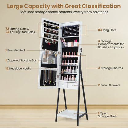 LED Jewelry Armoire with 3-Color Lighted Full-Length Mirror, Lockable Storage, and Standing Design – White