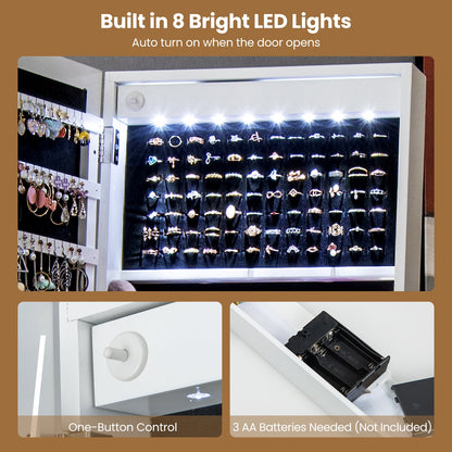 LED Jewelry Armoire with 3-Color Lighted Full-Length Mirror, Lockable Storage, and Standing Design – White