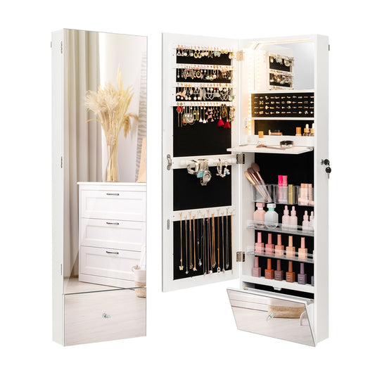 Wall-Mounted Jewelry Armoire with Full-Length Frameless Mirror, LED Lights, and Lockable Storage