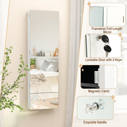 Wall-Mounted Jewelry Armoire with Full-Length Frameless Mirror, LED Lights, and Lockable Storage