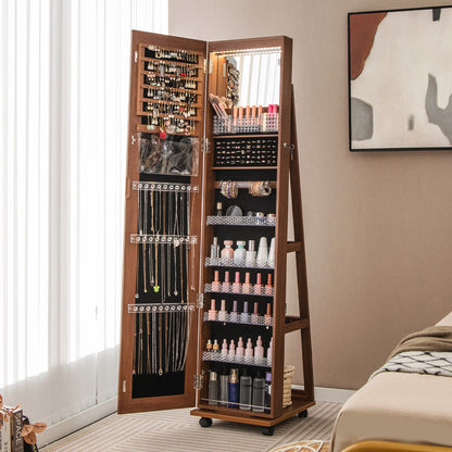 64 Inch Lockable Jewelry Armoire with Built-In LED Makeup Mirror, Large Storage, and Full-Length Mirror – Brown