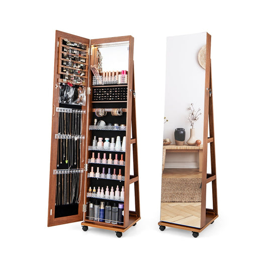64 Inch Lockable Jewelry Armoire with Built-In LED Makeup Mirror, Large Storage, and Full-Length Mirror – Brown