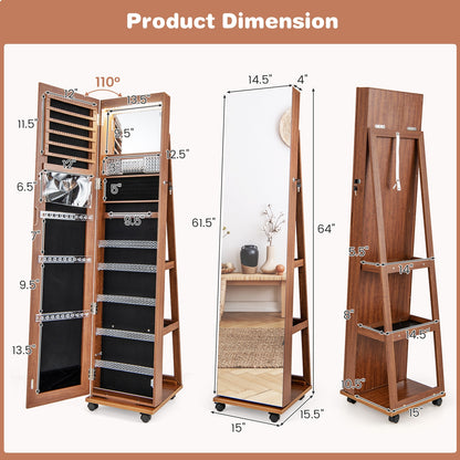 64 Inch Lockable Jewelry Armoire with Built-In LED Makeup Mirror, Large Storage, and Full-Length Mirror – Brown