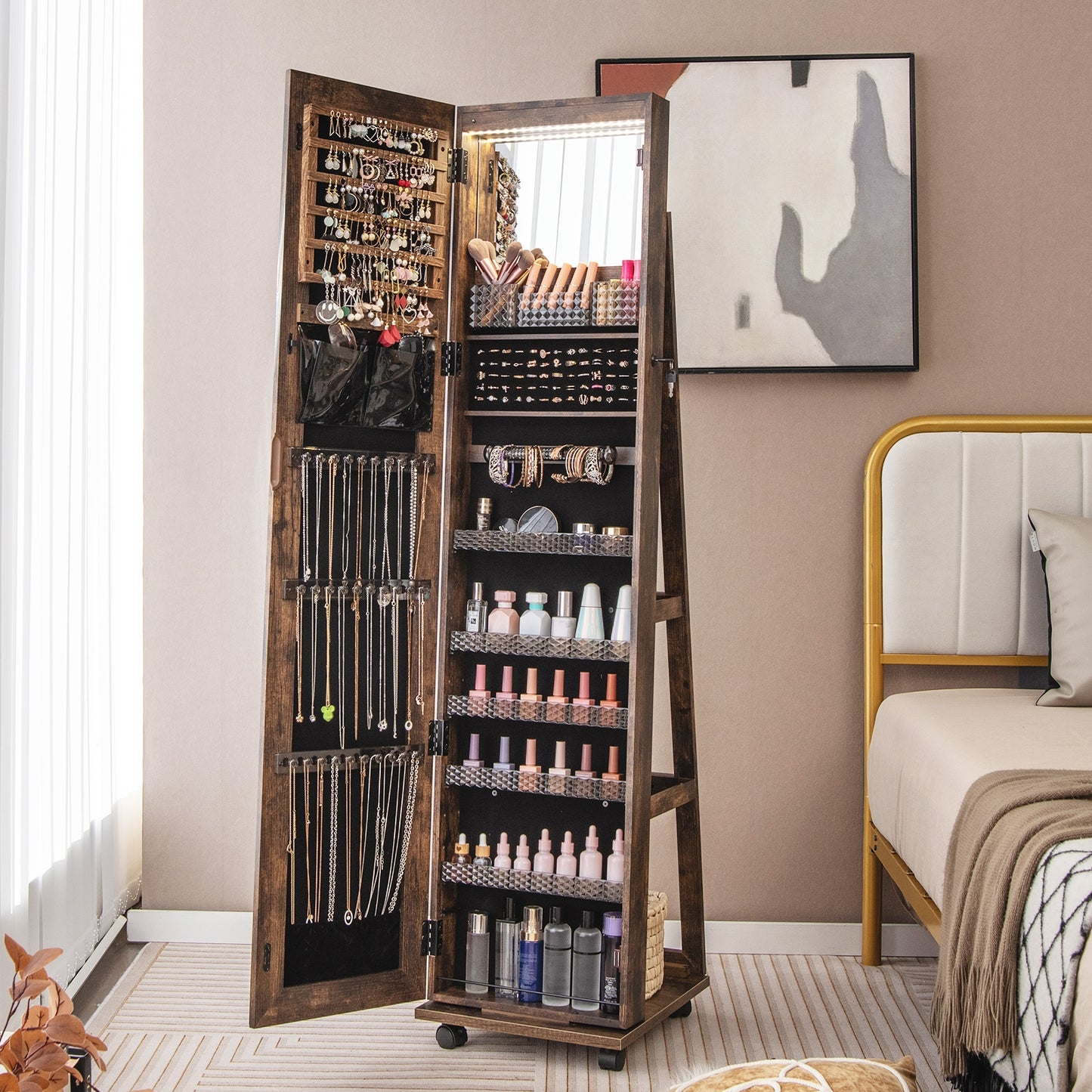 64 Inch Lockable Jewelry Armoire with Built-In LED Makeup Mirror, Large Storage, and Full-Length Mirror – Coffee