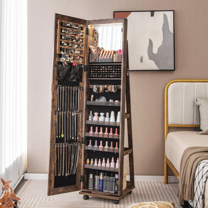 64 Inch Lockable Jewelry Armoire with Built-In LED Makeup Mirror, Large Storage, and Full-Length Mirror – Coffee