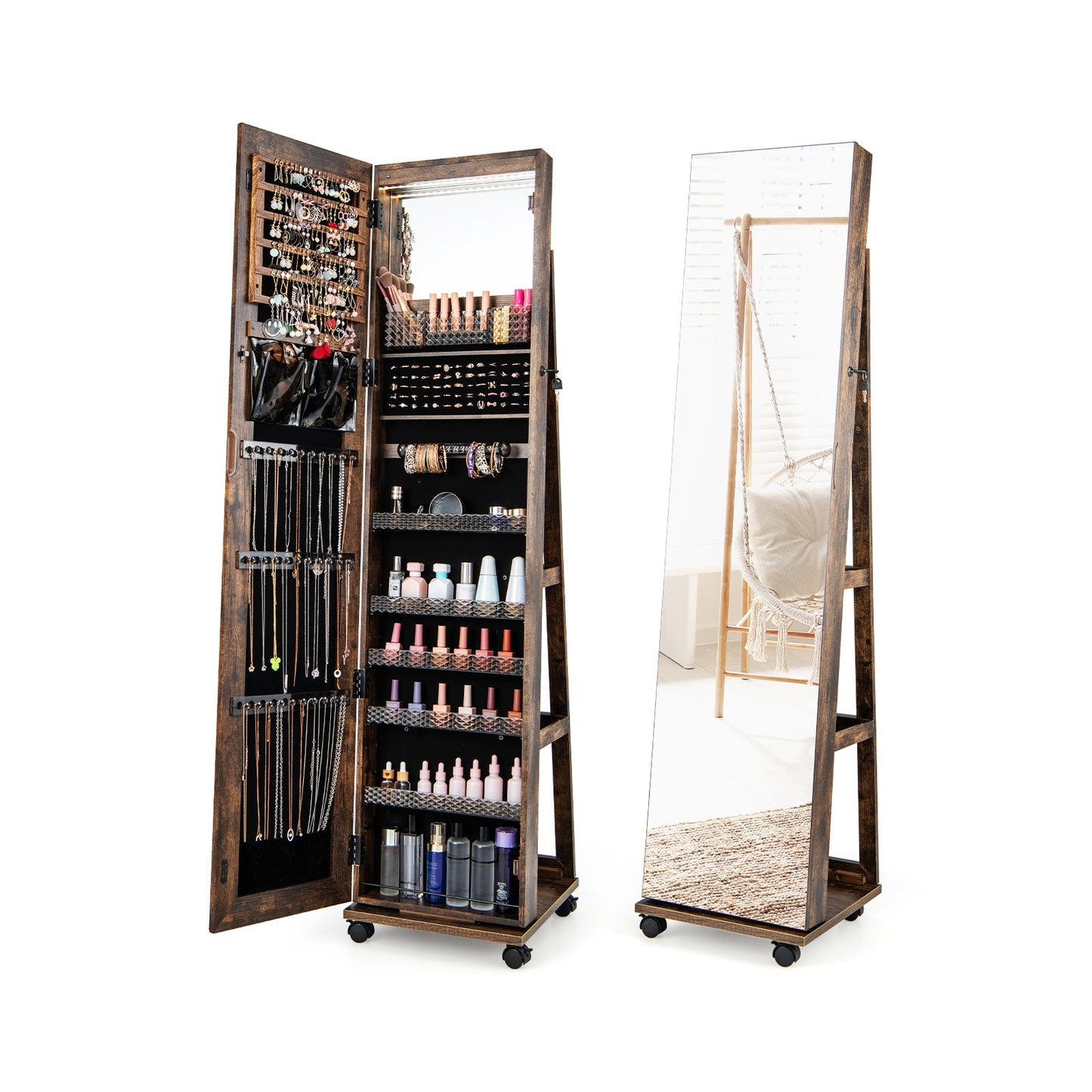 64 Inch Lockable Jewelry Armoire with Built-In LED Makeup Mirror, Large Storage, and Full-Length Mirror – Coffee