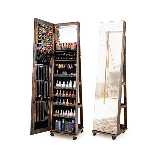 64 Inch Lockable Jewelry Armoire with Built-In LED Makeup Mirror, Large Storage, and Full-Length Mirror – Coffee