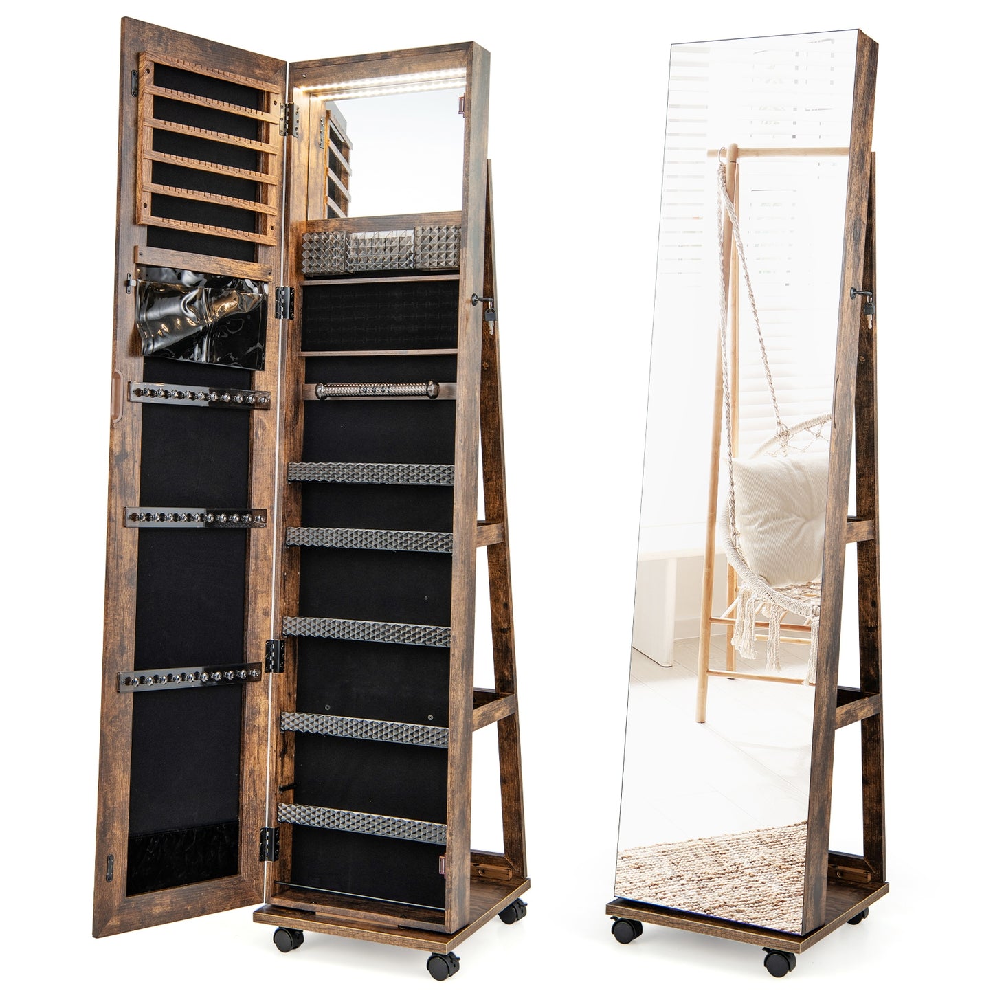 64 Inch Lockable Jewelry Armoire with Built-In LED Makeup Mirror, Large Storage, and Full-Length Mirror – Coffee
