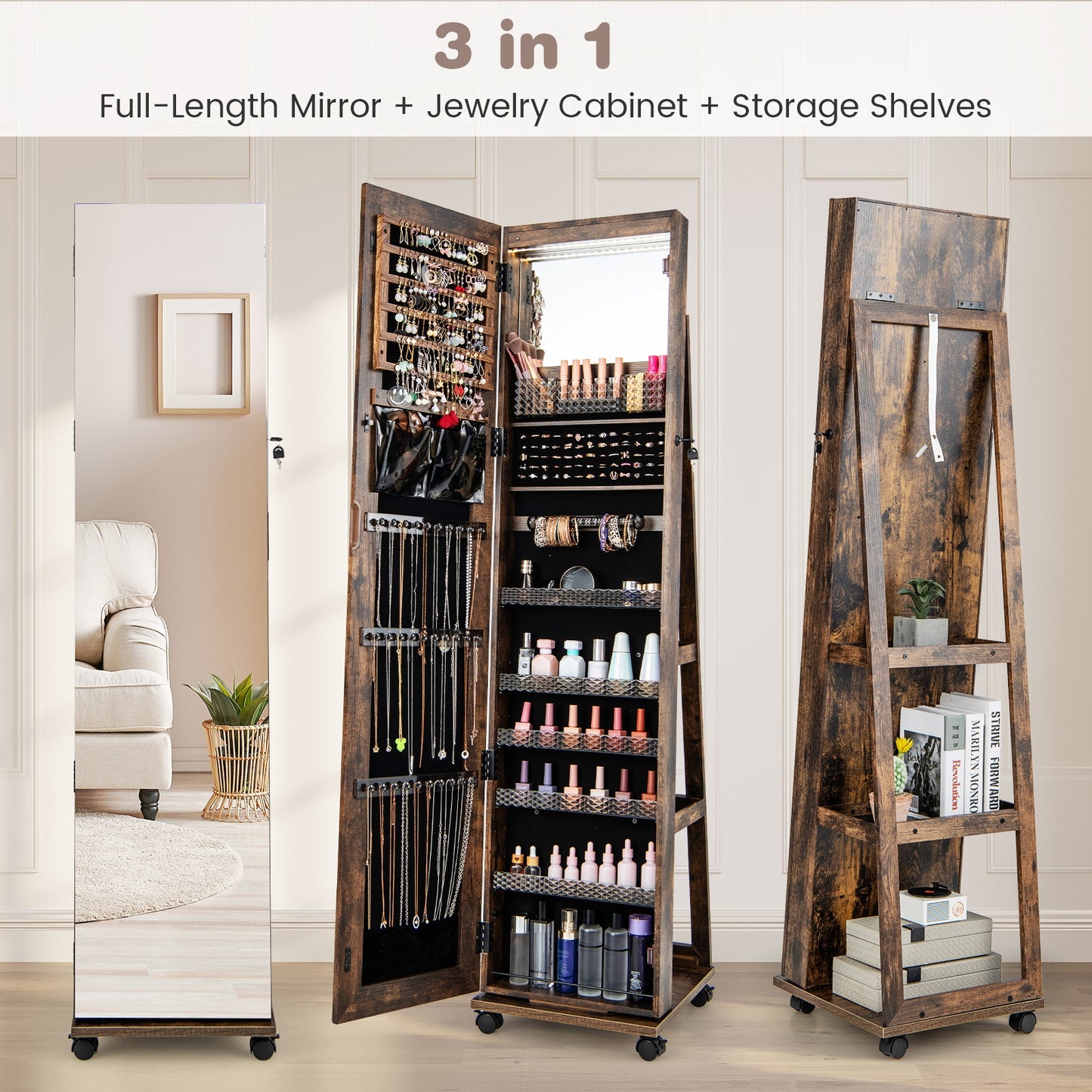 64 Inch Lockable Jewelry Armoire with Built-In LED Makeup Mirror, Large Storage, and Full-Length Mirror – Coffee