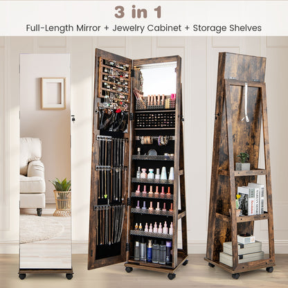 64 Inch Lockable Jewelry Armoire with Built-In LED Makeup Mirror, Large Storage, and Full-Length Mirror – Coffee