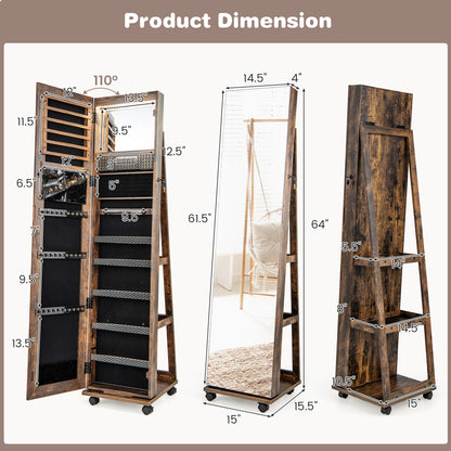 64 Inch Lockable Jewelry Armoire with Built-In LED Makeup Mirror, Large Storage, and Full-Length Mirror – Coffee