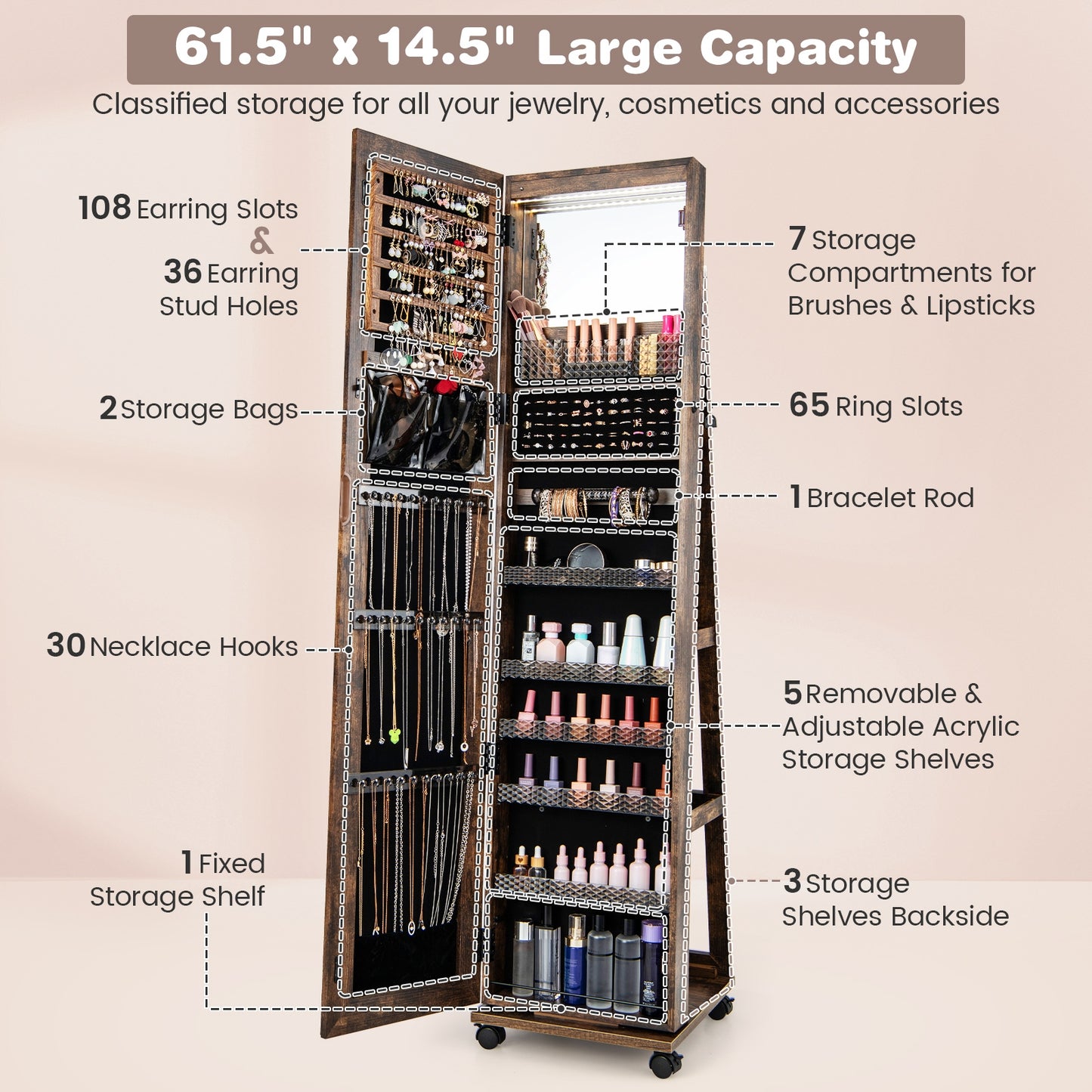 64 Inch Lockable Jewelry Armoire with Built-In LED Makeup Mirror, Large Storage, and Full-Length Mirror – Coffee