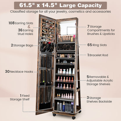 64 Inch Lockable Jewelry Armoire with Built-In LED Makeup Mirror, Large Storage, and Full-Length Mirror – Coffee