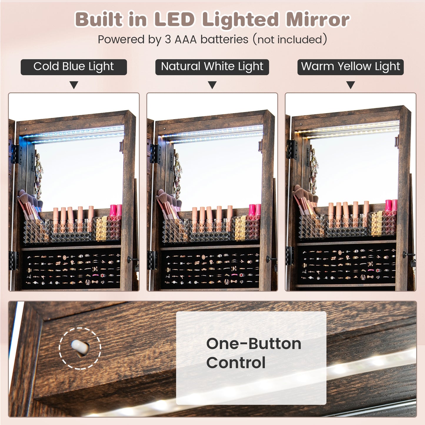 64 Inch Lockable Jewelry Armoire with Built-In LED Makeup Mirror, Large Storage, and Full-Length Mirror – Coffee