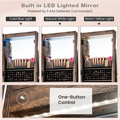 64 Inch Lockable Jewelry Armoire with Built-In LED Makeup Mirror, Large Storage, and Full-Length Mirror – Coffee