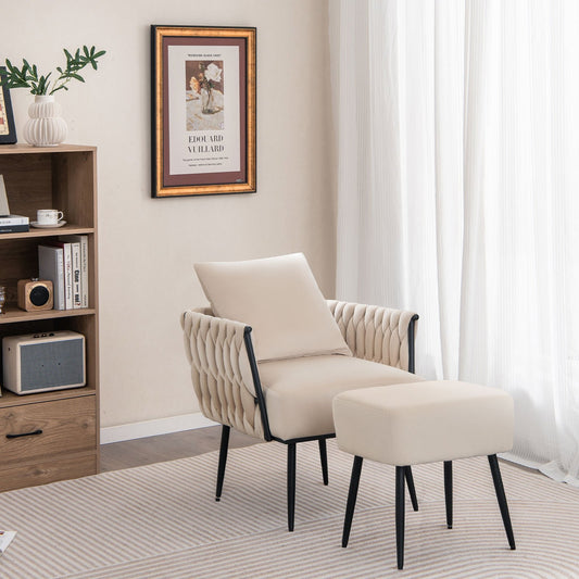 Elegant Dutch Velvet Armchair with Ottoman and Weaved Armrests, White