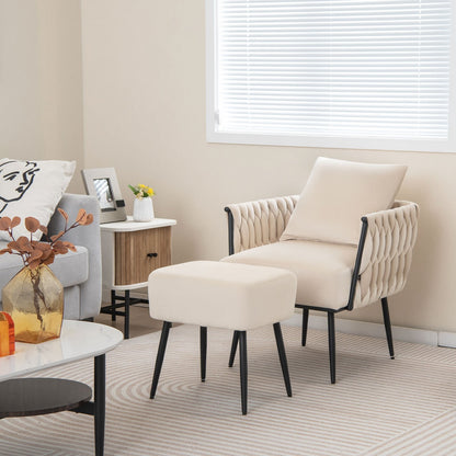 Elegant Dutch Velvet Armchair with Ottoman and Weaved Armrests, White