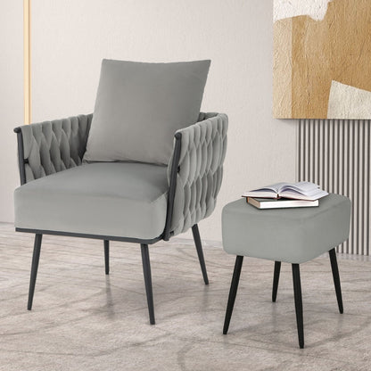 Elegant Dutch Velvet Armchair with Ottoman and Weaved Armrests, Grey