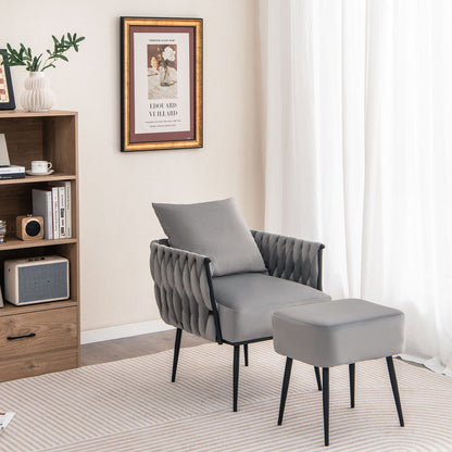 Elegant Dutch Velvet Armchair with Ottoman and Weaved Armrests, Grey