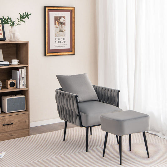 Elegant Dutch Velvet Armchair with Ottoman and Weaved Armrests, Grey