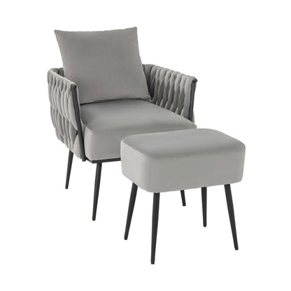 Elegant Dutch Velvet Armchair with Ottoman and Weaved Armrests, Grey