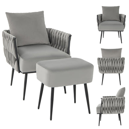 Elegant Dutch Velvet Armchair with Ottoman and Weaved Armrests, Grey