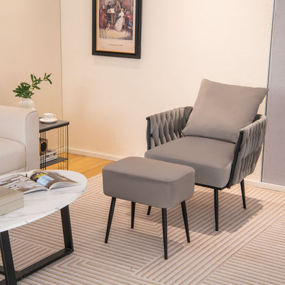 Elegant Dutch Velvet Armchair with Ottoman and Weaved Armrests, Grey