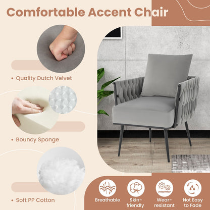 Elegant Dutch Velvet Armchair with Ottoman and Weaved Armrests, Grey