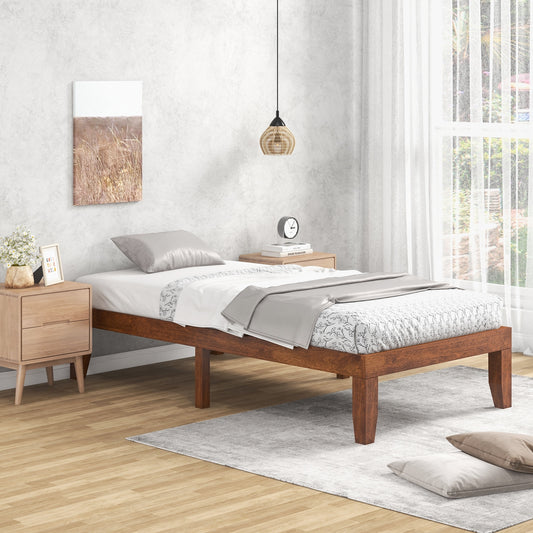 14 Inch Twin Size Solid Rubberwood Platform Bed Frame with Durable Wood Slat Support – Walnut